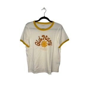 Old Navy Womens T-Shirt Medium White Yellow Ringer Tee Sunny Days Graphic